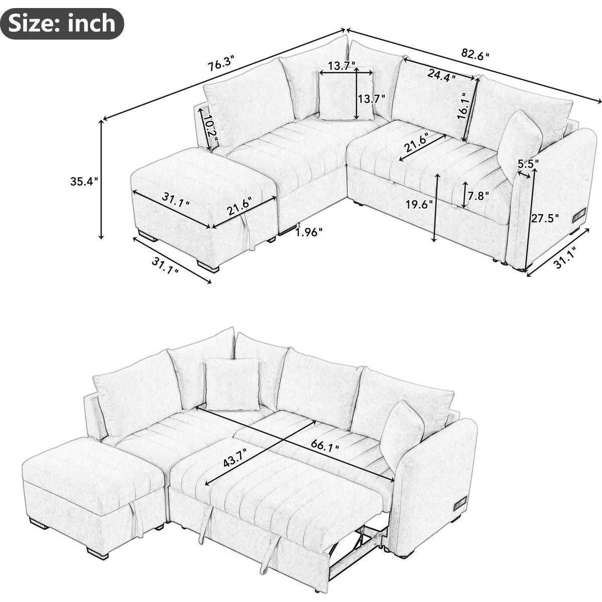 82.6" L-shaped Sectional Pull Out Sofa Bed Sleeper Sofa with Two USB Ports, Two Power Sockets and a Movable Storage Ottoman, Beige