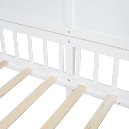 Twin Size House Bed with Shelves, House Bed with Window and Sparkling Light Strip on the Roof, White