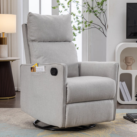 Cotton Linen Fabric Swivel Rocking Chair Glider Rocker Recliner Nursery Chair With Adjustable Back And Footrest For Living Room Indoor,Light Gray