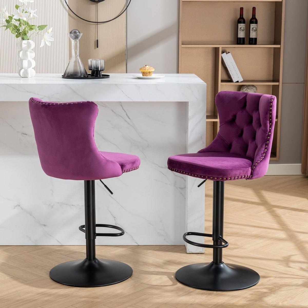 Swivel Velvet Barstools Adjusatble Seat Height from 25-33 Inch,17.7inch base, Modern Upholstered Bar Stools with Backs Comfortable Tufted for Home Pub and Kitchen Island,Purple,Set of 2