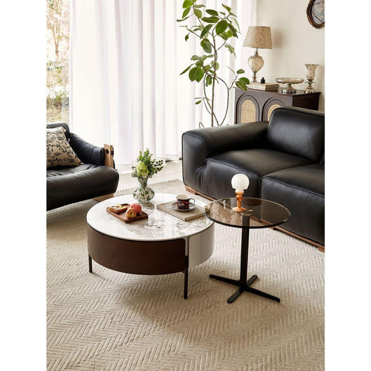 Modern Round White & reall wood color Coffee Table with Drawers and metal legs,Drum Coffee Table with Golden Legs Circular Center Table with ceramic Pattern Top for Living Room Apartment Office-White