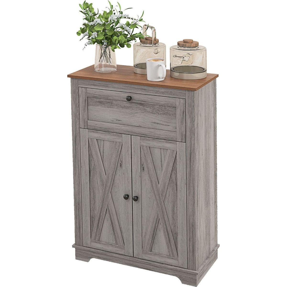 Farmhouse Barn Door Accent Cabinet, Kitchen Sideboard Storage Cabinet with Double Doors, Drawer, and Adjustable Shelf for Bedroom, Living Room, Gray