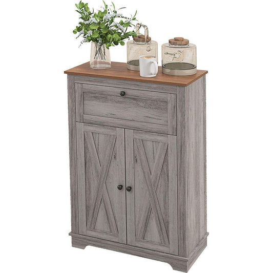Farmhouse Barn Door Accent Cabinet, Kitchen Sideboard Storage Cabinet with Double Doors, Drawer, and Adjustable Shelf for Bedroom, Living Room, Gray