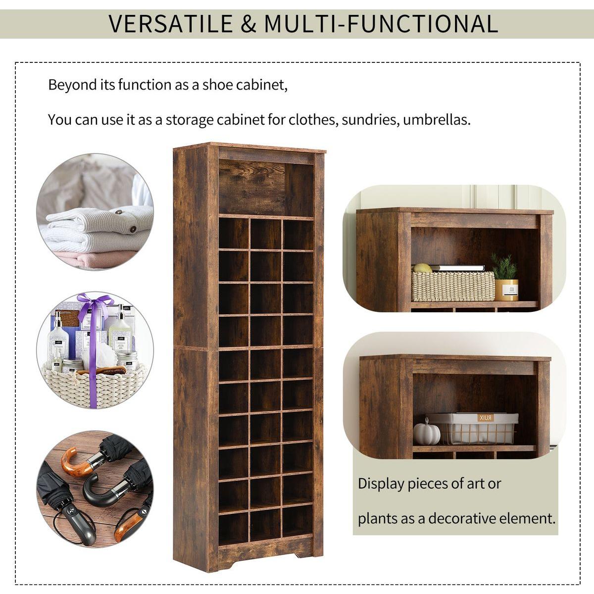 Stylish Design 30 Shoe Cubby Console, Contemporary Shoe Cabinet with Multiple Storage Capacity, Free Standing Tall Cabinet with Versatile Use for Hallway, Bedroom, Rustic Brown