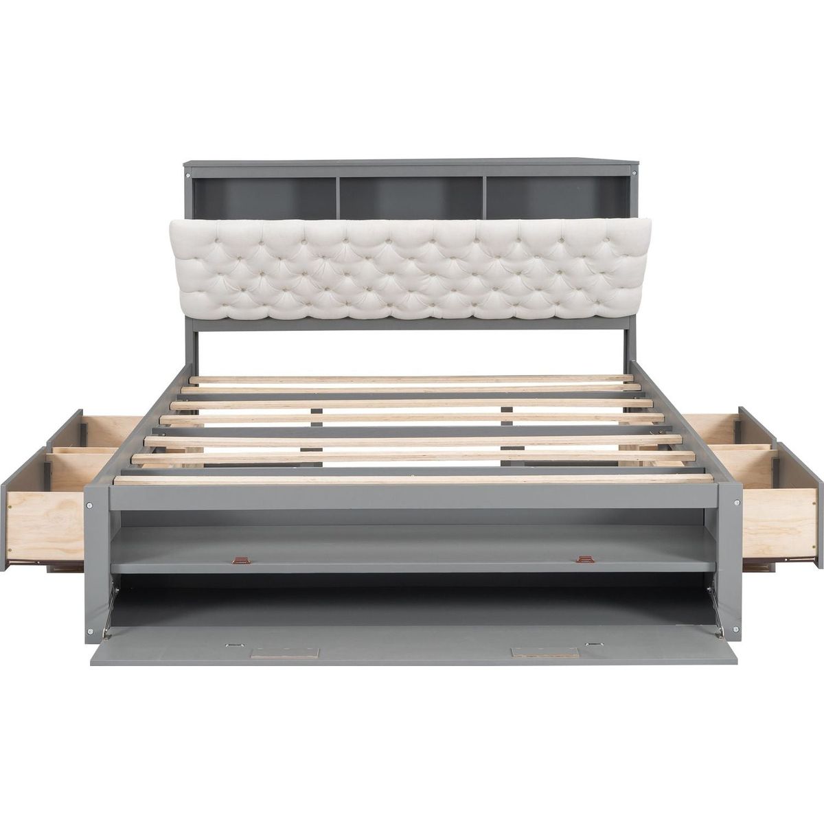 Wood Queen Size Platform Bed with Storage Headboard, shoe rack and 4 drawers,Gray