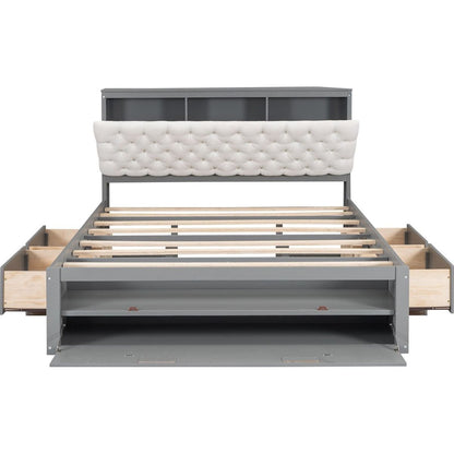 Wood Queen Size Platform Bed with Storage Headboard, shoe rack and 4 drawers,Gray
