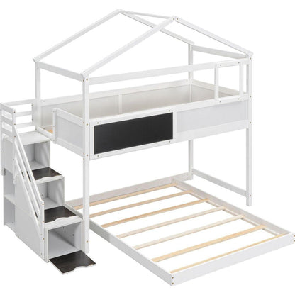 Twin over Full House Bunk Bed with Storage Staircase and Blackboard,White