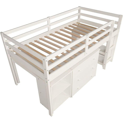 Low Study Twin Loft Bed with Cabinet and Rolling Portable Desk - White