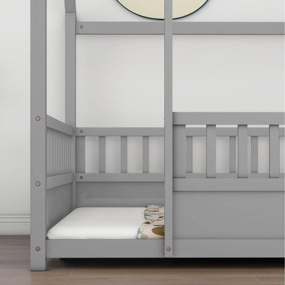 Full Size Floor Wooden Bed with House Roof Frame, Fence Guardrails,Grey