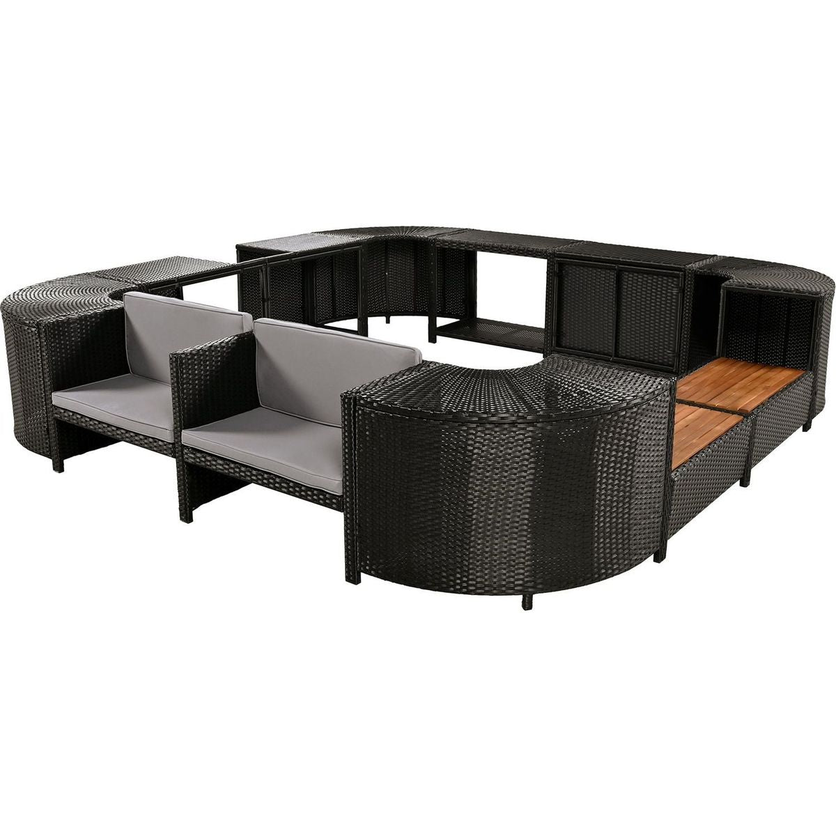 Spa Surround Spa Frame Quadrilateral Outdoor Rattan Sectional Sofa Set with Mini Sofa, Wooden Seats and Storage Spaces, Grey
