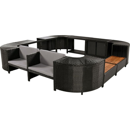 Spa Surround Spa Frame Quadrilateral Outdoor Rattan Sectional Sofa Set with Mini Sofa, Wooden Seats and Storage Spaces, Grey