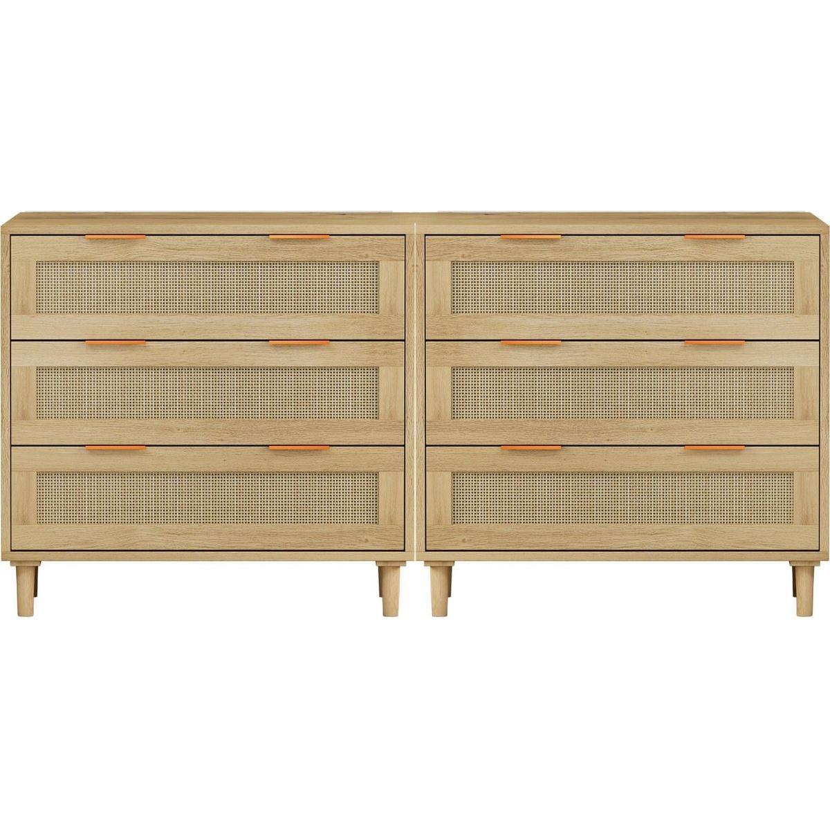 3-Drawers Rattan Storage Cabinet Rattan Drawer (Set of 2),for Bedroom,Living Room,Dining Room,Hallways,Oak