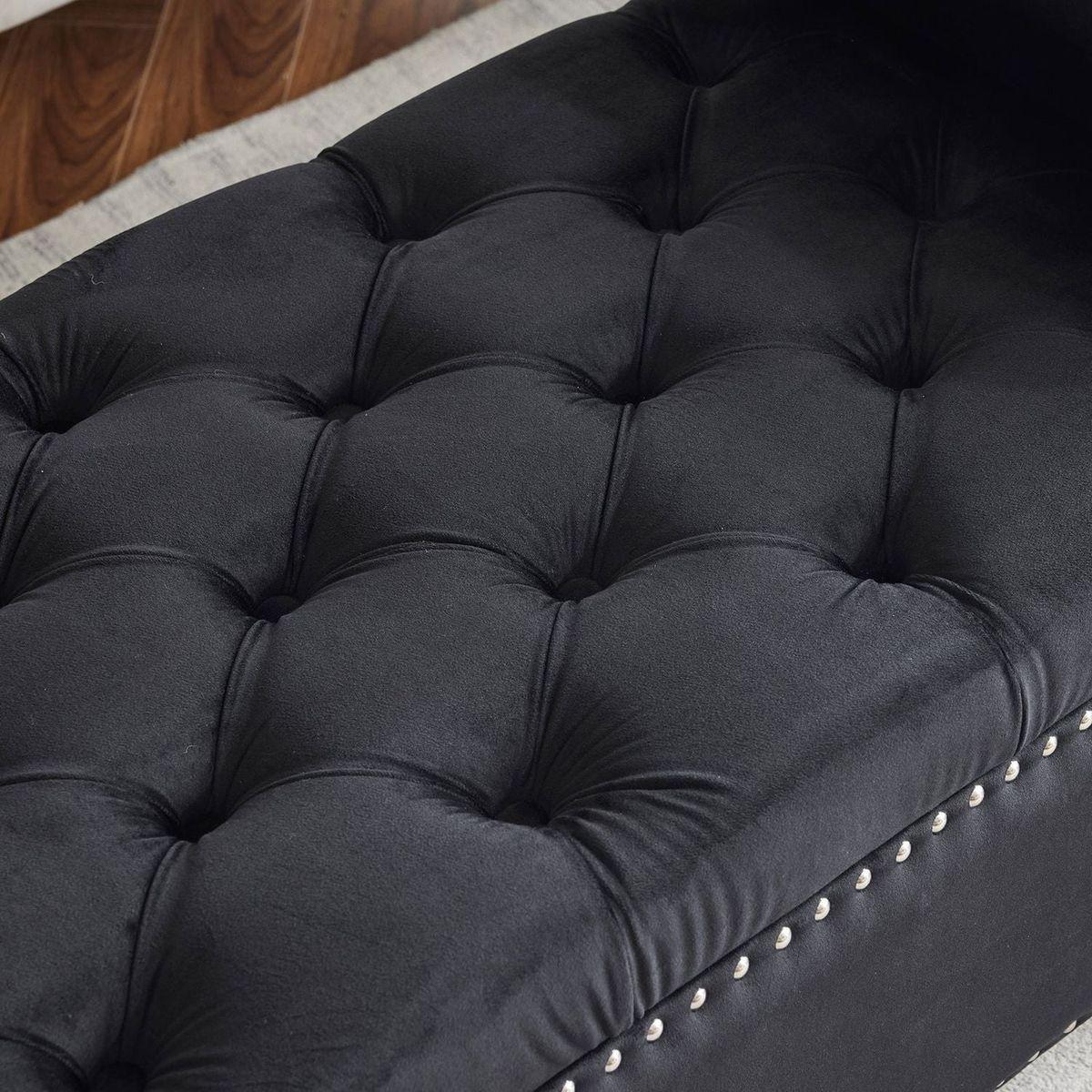 Storage Bench, 44.5-Inch Queen Velvet Button Bedside Bench, Entryway Living Room with Armrests, Nailhead Trim, Upholstered Bedroom Bench, Bedside Ottoman, Living Room, Entryway, Black