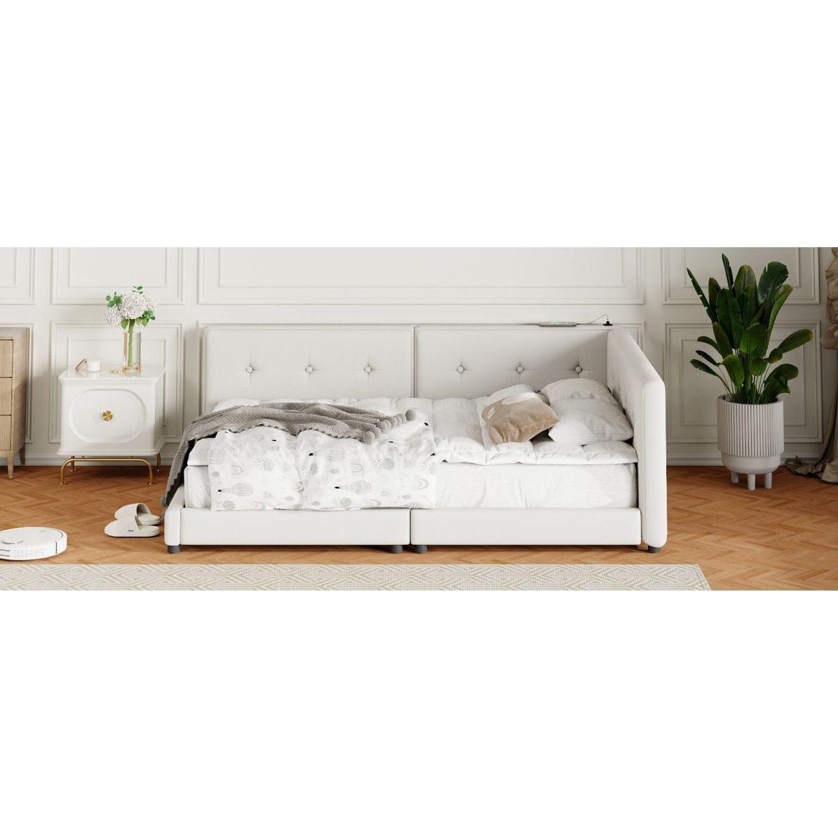 Upholstered Queen Size platform bed with USB Ports, Beige