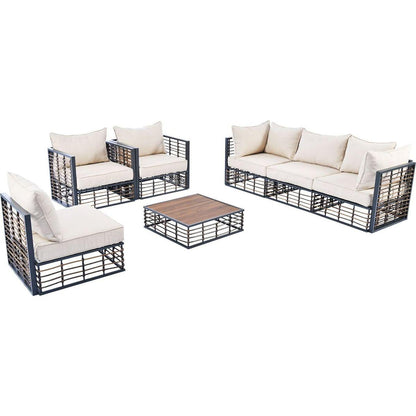 Modern Minimalist 7-Piece Metal Patio Sectional Sofa Set, All-Weather Garden Conversational Furniture Set with Thick Cushions and Coffee Table for Indoor Outdoor, Gray
