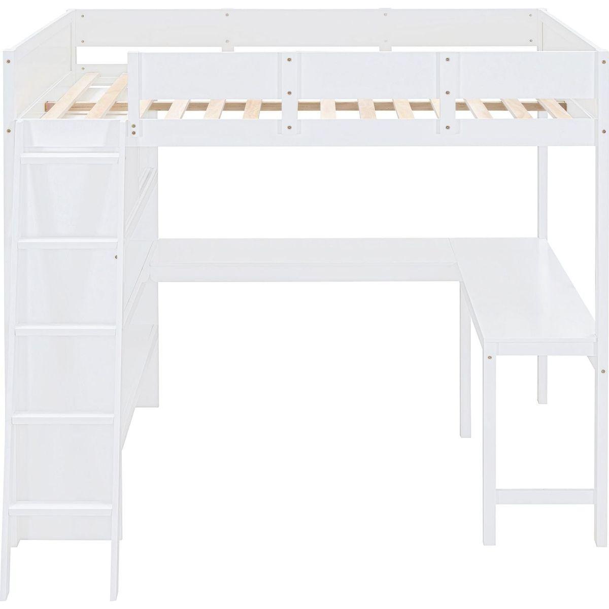 Full Size Loft Bed with Desk and Shelf - White