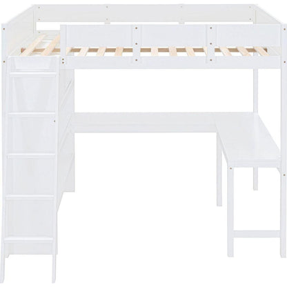 Full Size Loft Bed with Desk and Shelf - White