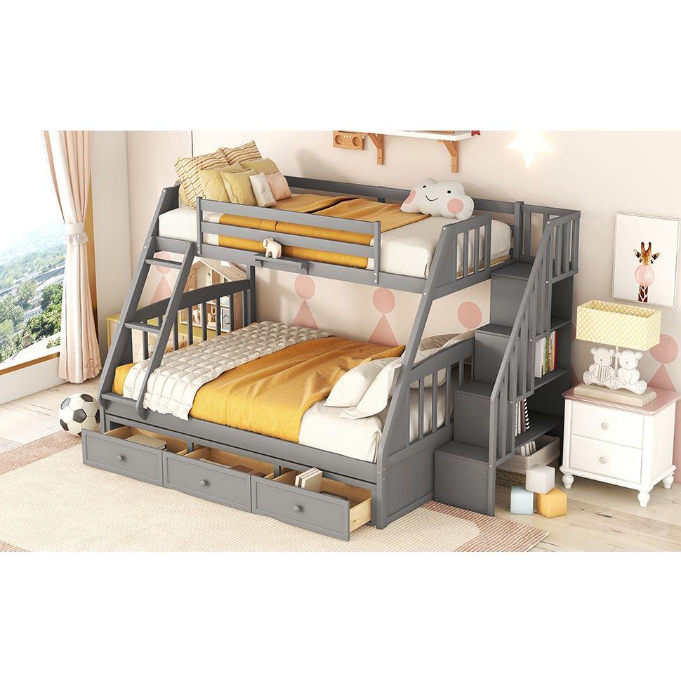 Twin-Over-Full Bunk Bed with Drawers氓Ladder and Storage Staircase, Gray