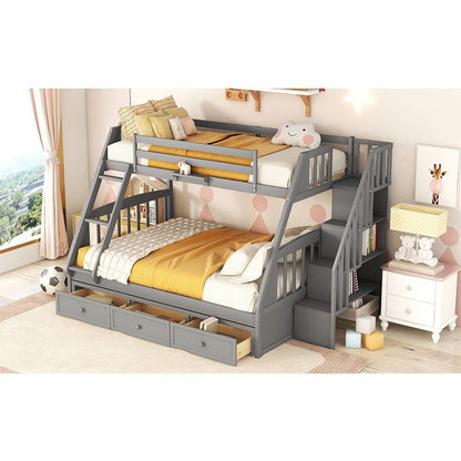 Twin-Over-Full Bunk Bed with Drawers氓Ladder and Storage Staircase, Gray