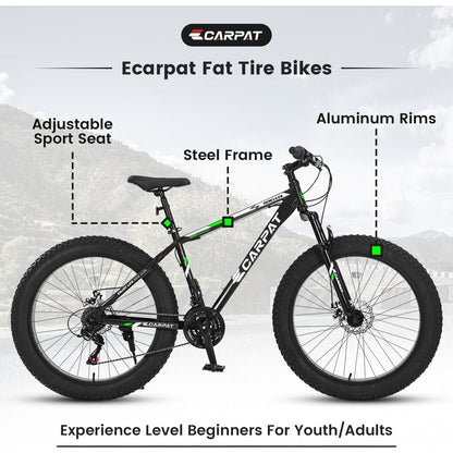 S26109 Elecony 26 Inch Fat Tire Bike Adult/Youth Full Shimano 21 Speed Mountain Bike, Dual Disc Brake, High-Carbon Steel Frame, Front Suspension, Mountain Trail Bike, Urban Commuter City Bicycle