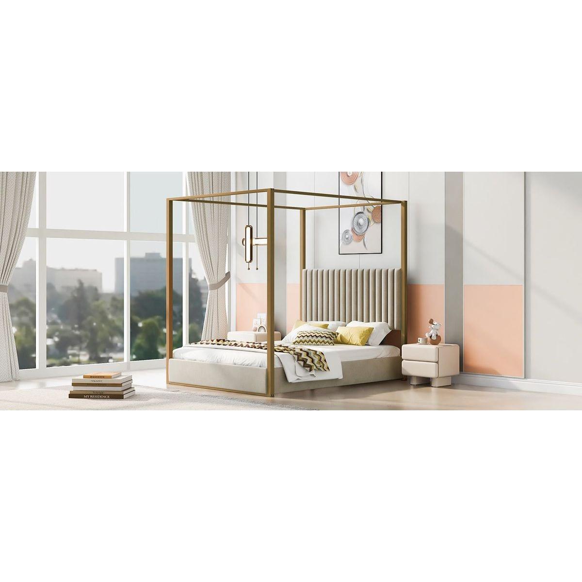 Queen Size Upholstery Canopy Platform Bed with Headboard and Metal Frame, Beige
