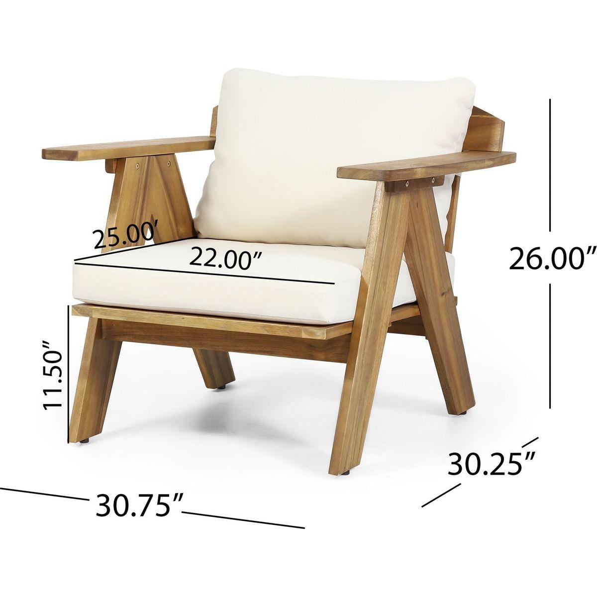 Outdoor Acacia Wood Club Chairs with Cushions (Set of 2), Teak Finish+ Beige, 30.75" W x 30.25" D x 26.00" H