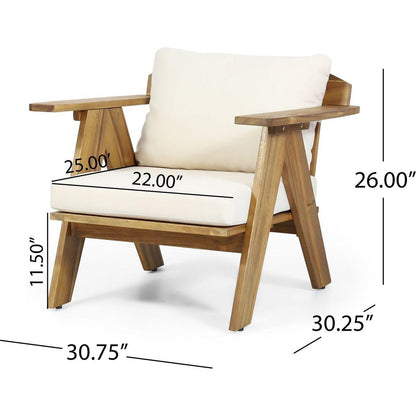 Outdoor Acacia Wood Club Chairs with Cushions (Set of 2), Teak Finish+ Beige, 30.75" W x 30.25" D x 26.00" H