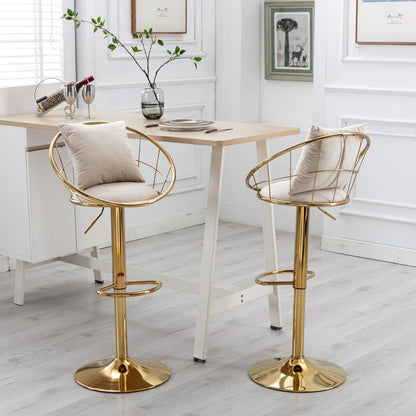 Off-White velvet bar chair, pure gold plated, unique design,360 degree rotation, adjustable height,Suitable for Dining room and bar,set of 2