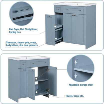 Modern 30-Inch Bathroom Vanity Cabinet with Easy-to-Clean Resin Integrated Sink in Blue