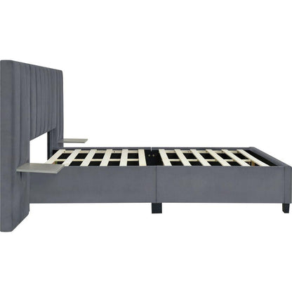 Queen Size Upholstered Platform Bed with Big Headboard, Bedroom Furniture, Velvet, Gray