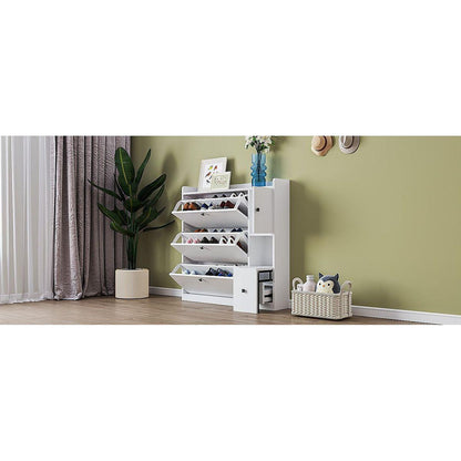 Versatile Shoe Cabinet with 3 Flip Drawers, Maximum Storage Entryway Organizer with Drawer, Free Standing Shoe Rack with Pull-down Seat for Hallway, White