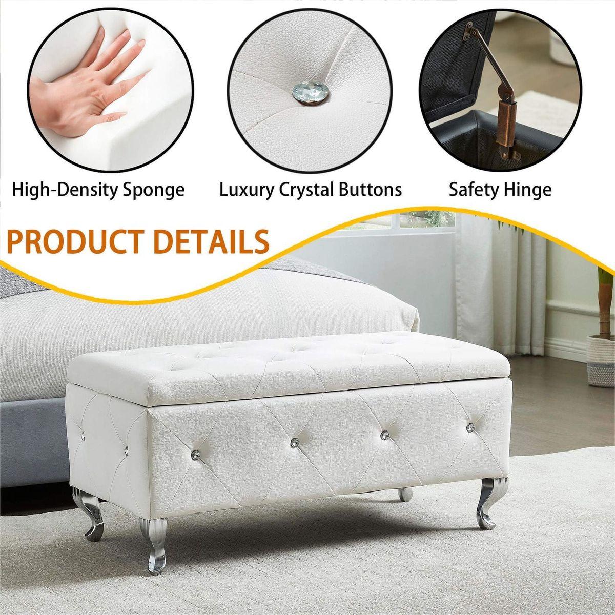 Upholstered Storage Ottoman Bench For Bedroom End Of Bed Faux Leather Rectangular Storage Benches Footrest With Crystal Buttons For Living Room Entryway (White)