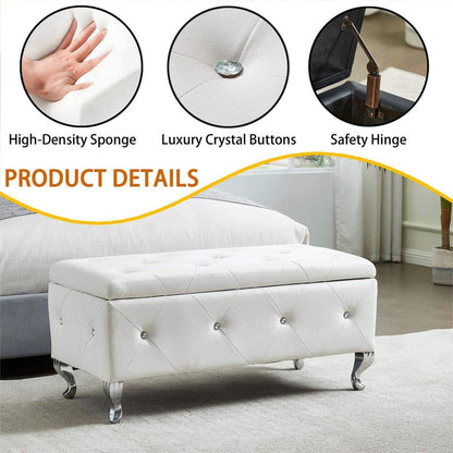 Upholstered Storage Ottoman Bench For Bedroom End Of Bed Faux Leather Rectangular Storage Benches Footrest With Crystal Buttons For Living Room Entryway (White)
