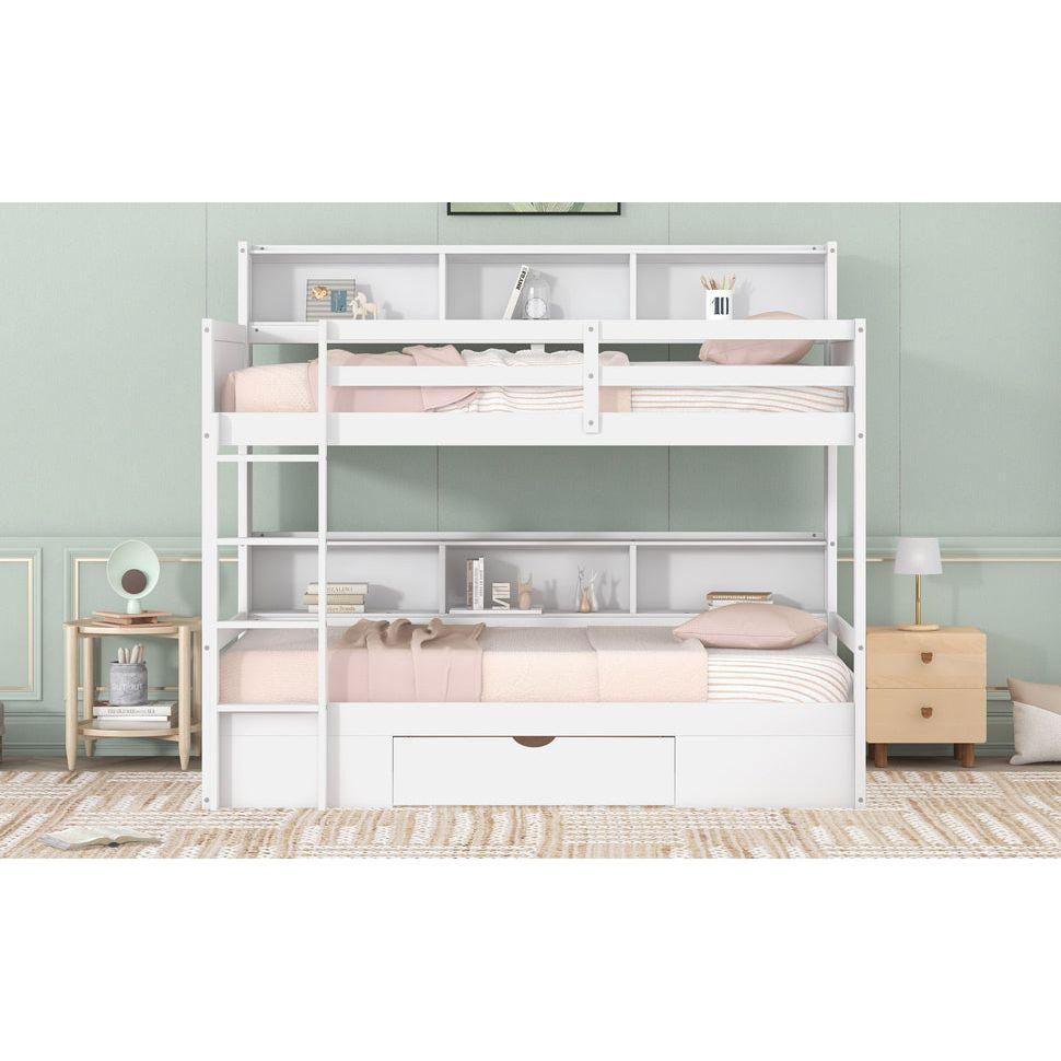 Twin Size Bunk Bed with Built-in Shelves Beside both Upper and Down Bed and Storage Drawer,White