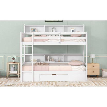 Twin Size Bunk Bed with Built-in Shelves Beside both Upper and Down Bed and Storage Drawer,White