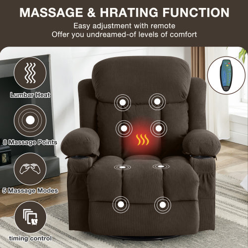 Swinging recliner massage heated sofa, with USB and 2 cup holders in side pockets, PackageA+B (Brown)