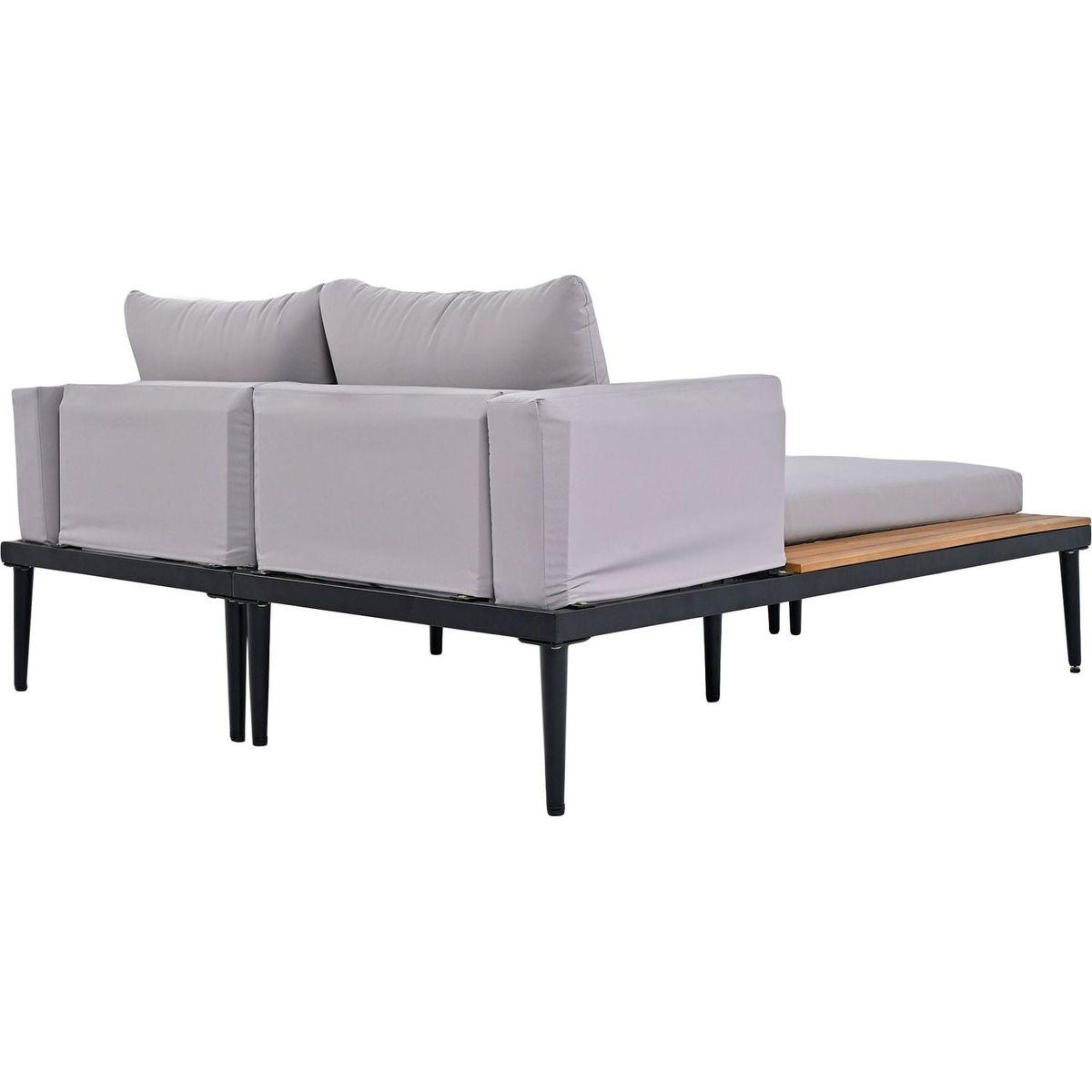 Modern Outdoor Daybed Patio Metal Daybed with Wood Topped Side Spaces for Drinks, 2 in 1 Padded Chaise Lounges for Poolside, Balcony, Deck, Gray