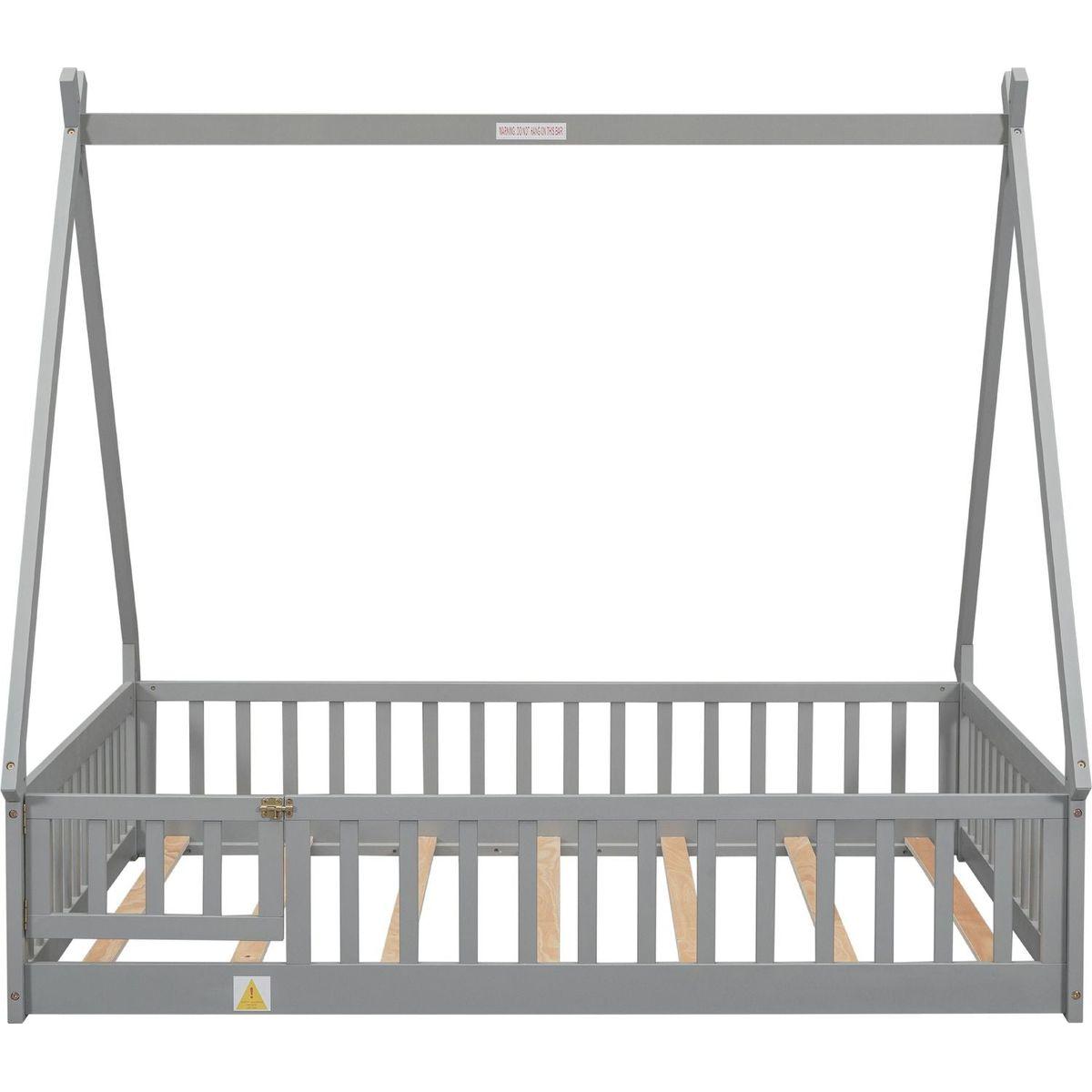 Full Tent-shaped Floor Bed, with Guardrails, Slats, Door, Grey