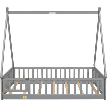Full Tent-shaped Floor Bed, with Guardrails, Slats, Door, Grey