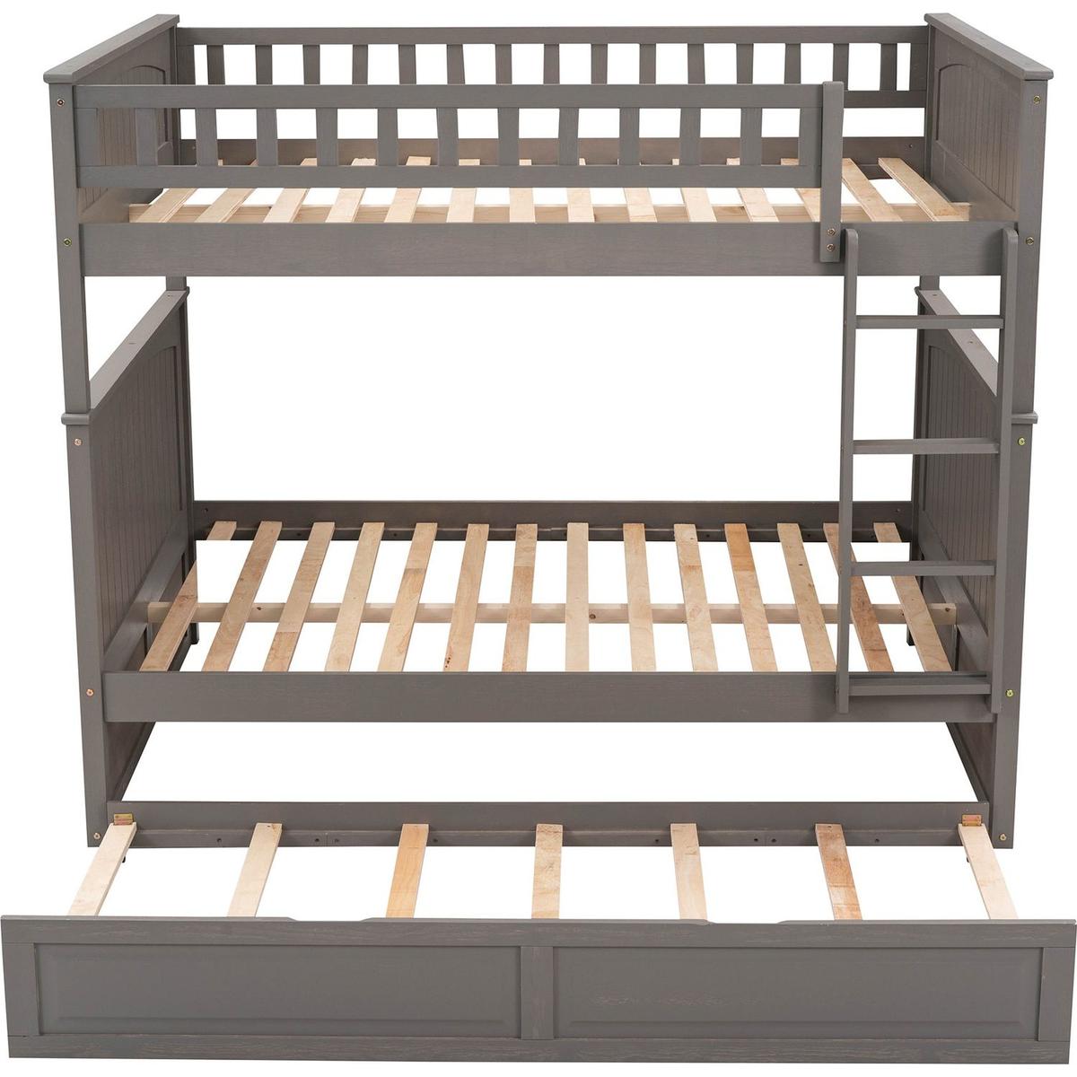 Full Over Full Bunk Bed with Twin Size Trundle, Pine Wood Bunk Bed with Guardrails, Brushed Gray