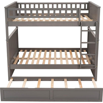 Full Over Full Bunk Bed with Twin Size Trundle, Pine Wood Bunk Bed with Guardrails, Brushed Gray