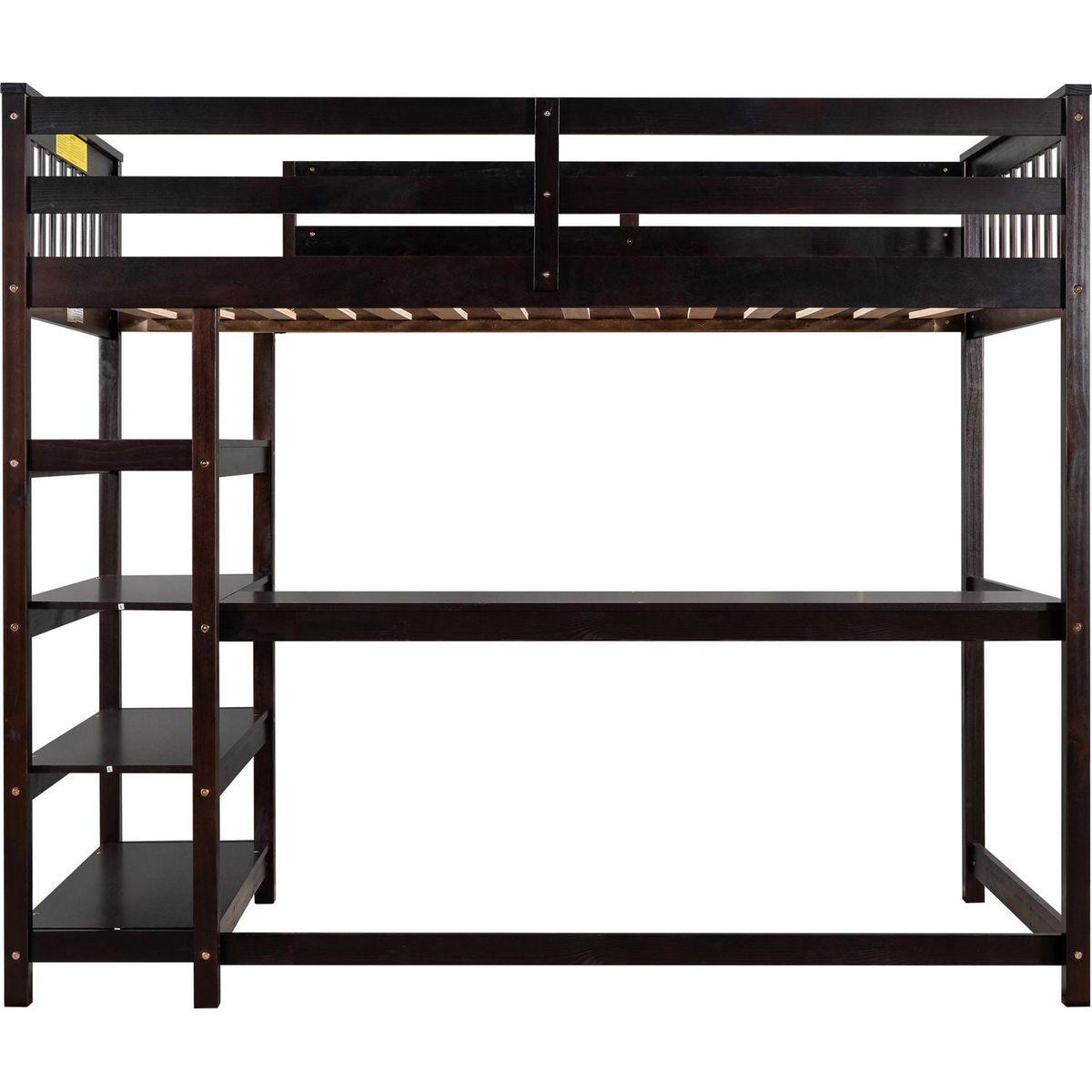 Twin Size Loft Bed with Storage Shelves and Under-bed Desk, Espresso