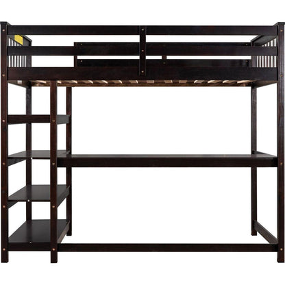 Twin Size Loft Bed with Storage Shelves and Under-bed Desk, Espresso