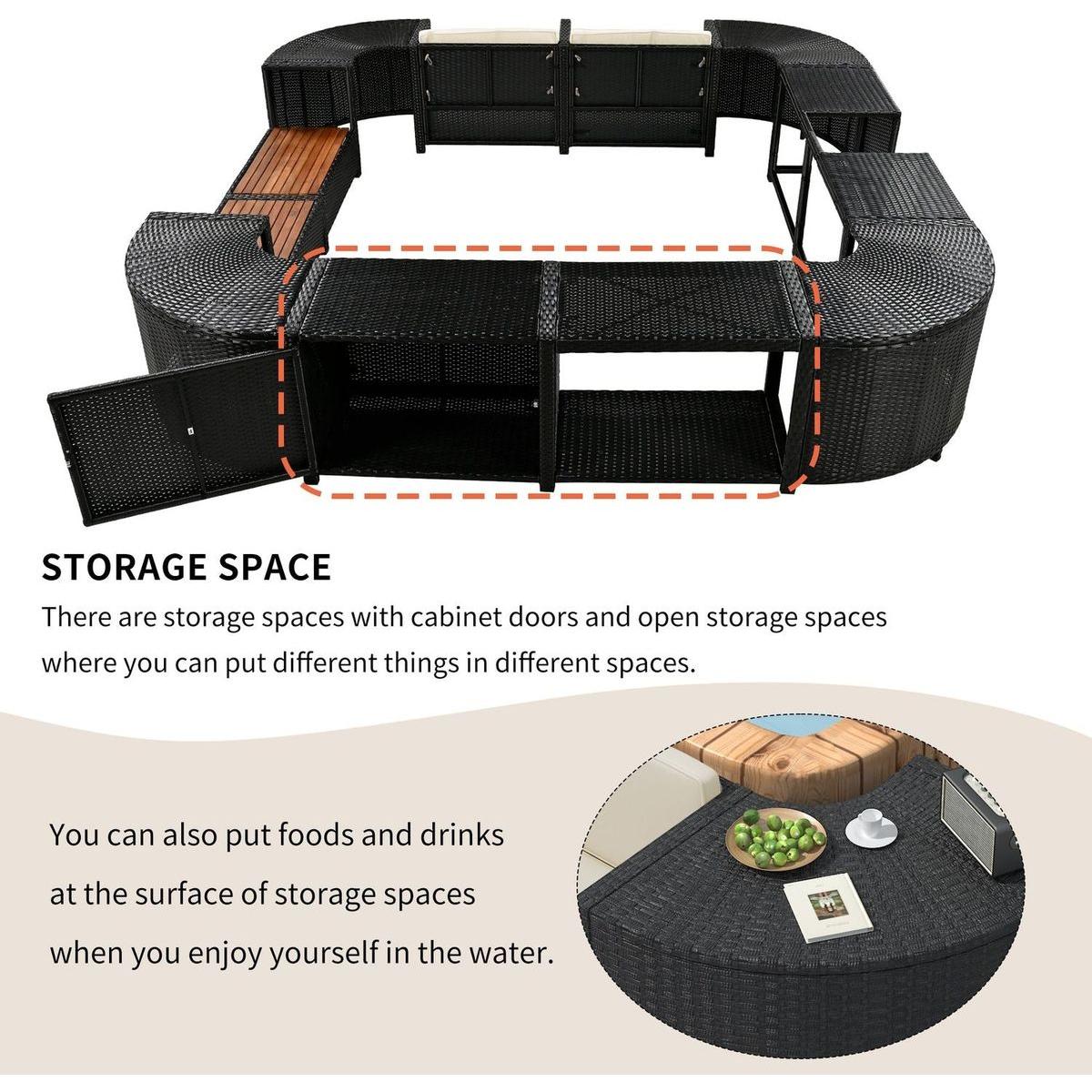 Spa Surround Spa Frame Quadrilateral Outdoor Rattan Sectional Sofa Set with Mini Sofa,Wooden Seats and Storage Spaces, Beige