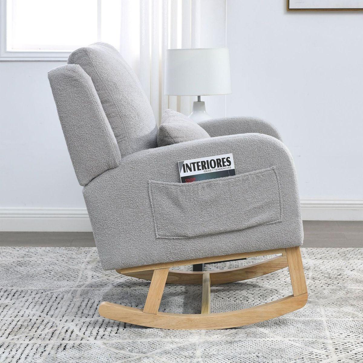 27.5" W Modern Accent High Back Living Room Casual Armchair Rocker with One Lumbar Pillow, Two Side Pockets, Teddy.