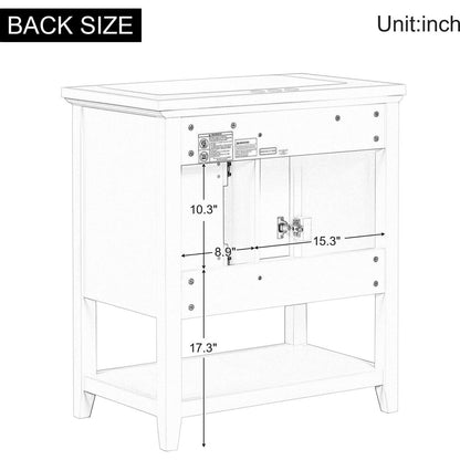 30" Bathroom Vanity with Ceramic Sink Top, Vanity Cabinet with Multi-Functional Drawer, Solid Wood Legs, White