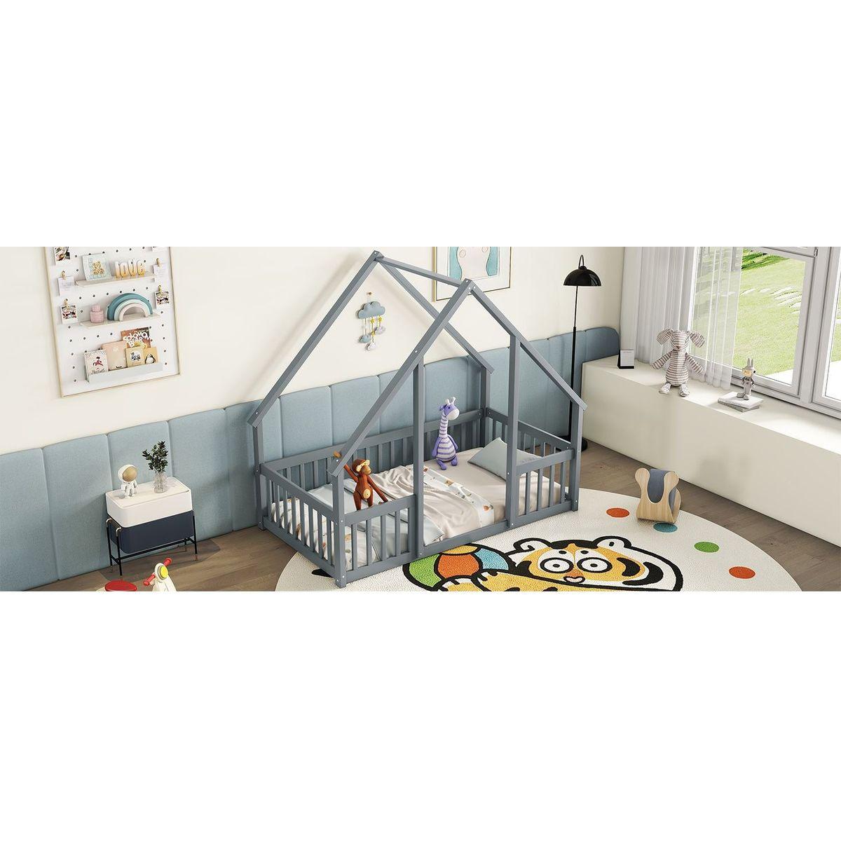 Twin Wood House-Shaped Floor Bed with Fence, Guardrails, Grey