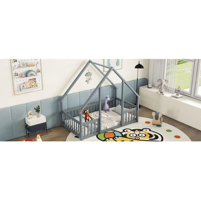 Twin Wood House-Shaped Floor Bed with Fence, Guardrails, Grey