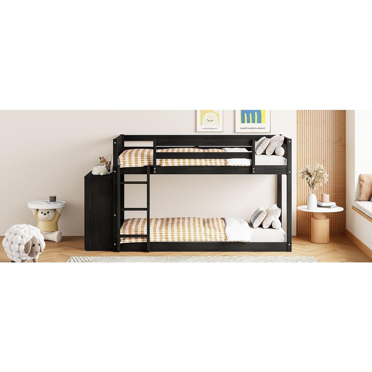Twin over Twin Bunk Bed with 4 Drawers and 3 Shelves-Espresso