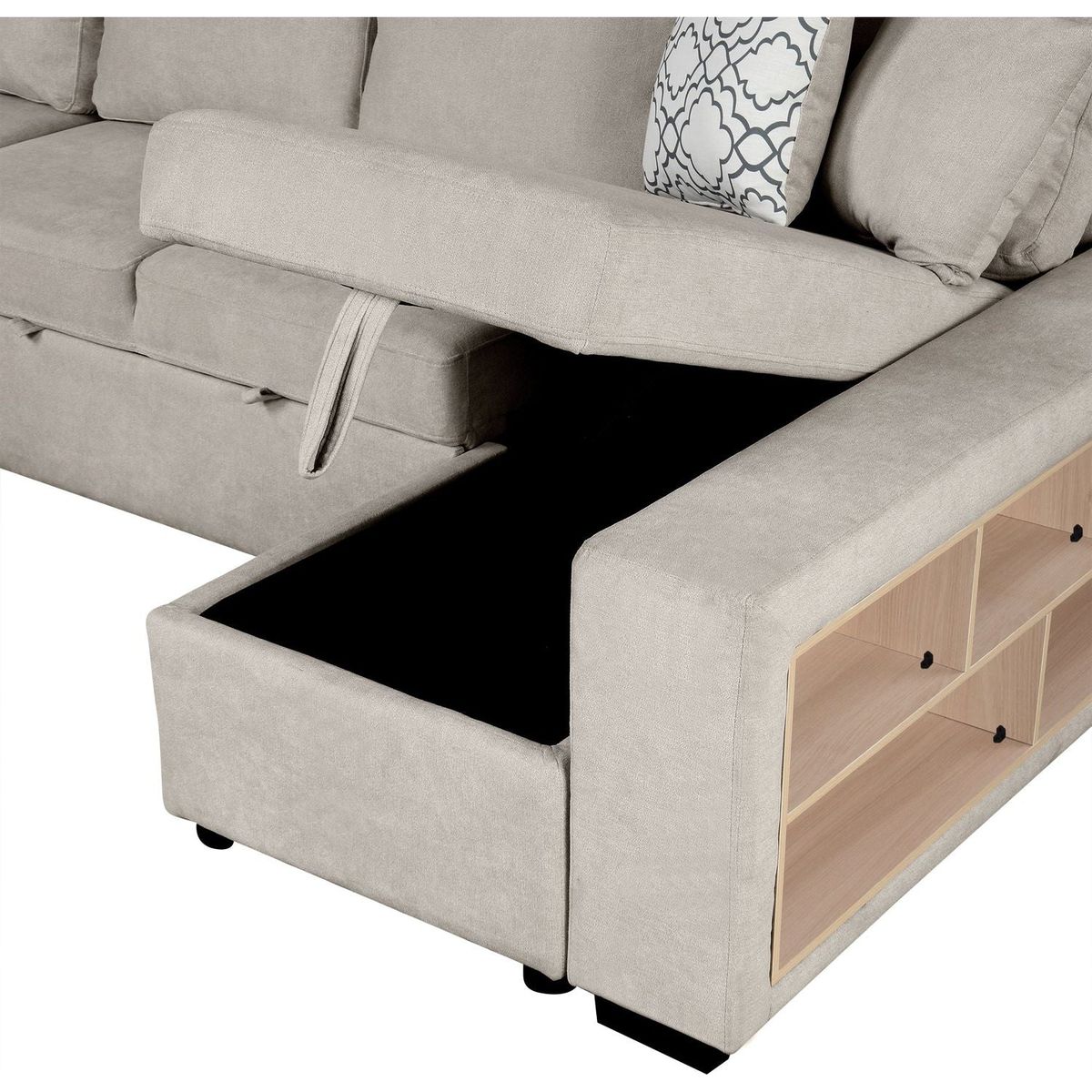 109" U-shaped Sectional Sofa Pull-out Sofa Bed with Two USB Ports, a Storage Chaise Lounge and Four Back Pillows for Living Room, Beige